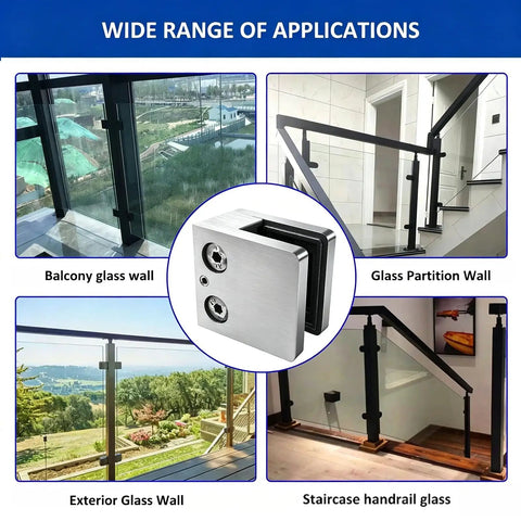 Heavy Duty 316 Glass Clamps 8 Pack For 8-12mm Glass, 1.8 Inch Square Brackets shown in balcony and stair handrail applications