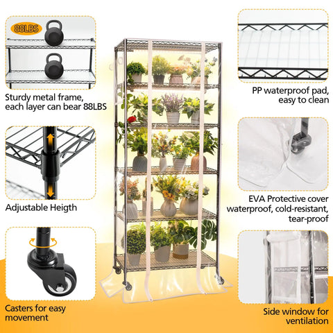 Indoor Greenhouse Kit With Grow Lights For Seed Starting, 6 Tier Metal Plant Rack With Clear Cover, showcasing design features
