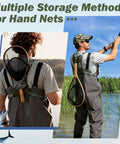 Man fishing with lightweight fly fishing chest pack waterproof tackle bag and hand net attached, showing multiple storage methods.