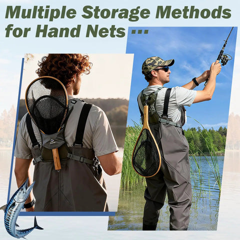 Man fishing with lightweight fly fishing chest pack waterproof tackle bag and hand net attached, showing multiple storage methods.