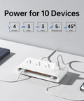 Heavy Duty 10in1 Usb Charging Station With PD 20W Fast Charging Built Damn Tough As A Solid Surge Protector With Six Usb Ports Four AC Outlets And Long Cord For Home Office Grind Zero Hassle Setup on a desk with devices plugged in.