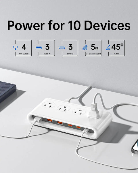 Heavy Duty 10in1 Usb Charging Station With PD 20W Fast Charging Built Damn Tough As A Solid Surge Protector With Six Usb Ports Four AC Outlets And Long Cord For Home Office Grind Zero Hassle Setup on a desk with devices plugged in.