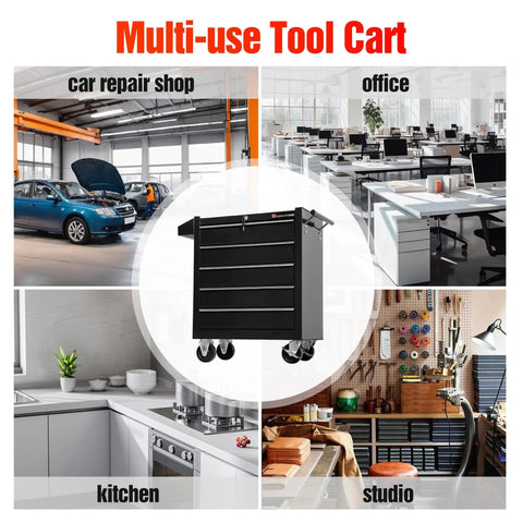 5-Drawer Rolling Tool Chest With Lockable Cabinet And Wheels in garage, workshop, office, kitchen, and studio settings