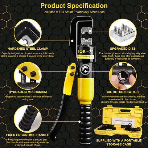 Hydraulic Crimping Tool And Cable Cutter Kit 10 Ton Crimper For 12 AWG To 2/0 Copper And Aluminum Wires with storage case and dies