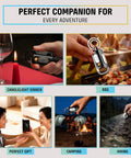 9 In 1 Multitool Keychain With Windproof Plasma Lighter USB Rechargeable Knife shown in various uses like BBQ and camping