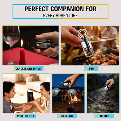 9 In 1 Multitool Keychain With Windproof Plasma Lighter USB Rechargeable Knife shown in various uses like BBQ and camping
