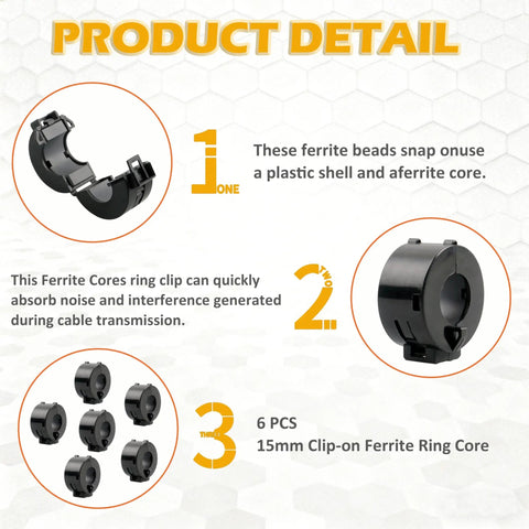 Diagram of Six Pack 15mm Clip On Ferrite Ring Cores for RFI EMI Noise Suppression on Power USB HDMI and Audio Video Cables.