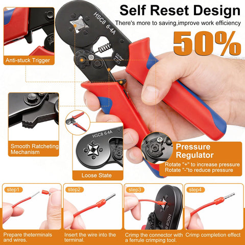 Ferrule Crimping Tool Kit With 1500 Pcs Of 11 Sizes Wire End Ferrules, AWG 23 To 7 Ratchet Pliers For Electricians shown in use.