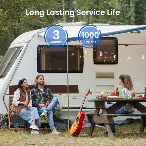 Road Tripper Essential RV And Marine Water Filter Arrives With Flexible Hose Protectors In A Reliable Two Pack outside camper with friends.