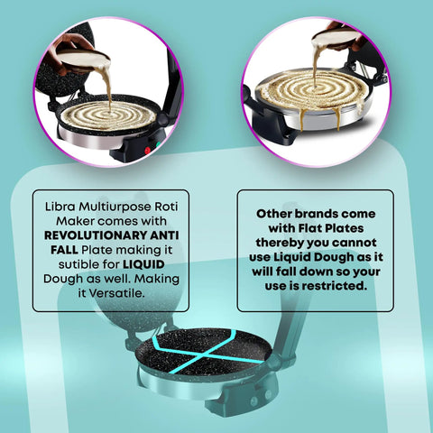 Libra Electric Roti Maker Machine With Non Stick 8.5 Inch Plates Auto Temp Control And Durable Handle shown pouring liquid dough.