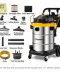 14 Gallon Wet And Dry Shop Vacuum With 65 Peak Horsepower Motor And Stainless Steel Tank Featuring Eighteen Accessories Plus Onboard Storage for versatility.