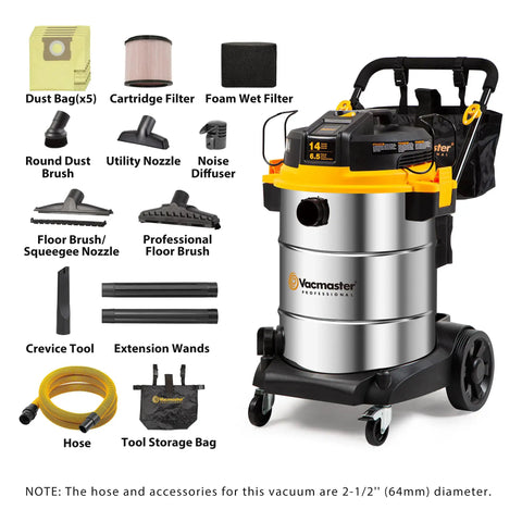 14 Gallon Wet And Dry Shop Vacuum With 65 Peak Horsepower Motor And Stainless Steel Tank Featuring Eighteen Accessories Plus Onboard Storage for versatility.