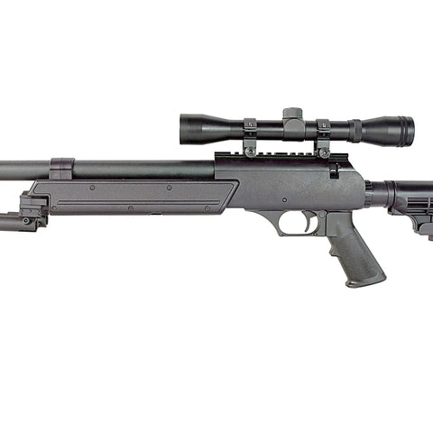 Beefy Heavyweight Spring Airsoft Sniper Rifle with precision tuning over 450 FPS, 30 round magazine, scope, bipod, and aluminum build