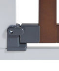 Auto Close Modern Pressure Mounted Baby Gate For Stairs, Hallways And Doors, dark wood and silver metal latch detail