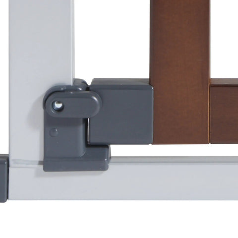 Auto Close Modern Pressure Mounted Baby Gate For Stairs, Hallways And Doors, dark wood and silver metal latch detail