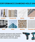 Product usage guide for Five Eighths Inch Diamond Hole Saw With Pilot Guide Drill Bit For Porcelain Glass Marble And Ceramic Tile Pro Grade Cutter For Precise Clean Holes Heavy Duty Industrial Carbon Steel With Brazed Diamond Grit, showing compatibility with materials like ceramic, marble, and granite.