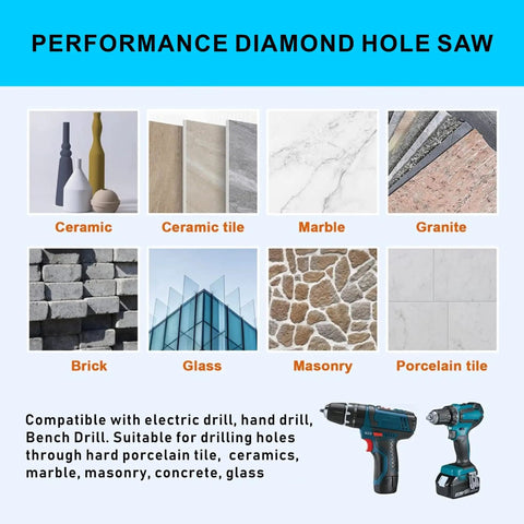 Product usage guide for Five Eighths Inch Diamond Hole Saw With Pilot Guide Drill Bit For Porcelain Glass Marble And Ceramic Tile Pro Grade Cutter For Precise Clean Holes Heavy Duty Industrial Carbon Steel With Brazed Diamond Grit, showing compatibility with materials like ceramic, marble, and granite.