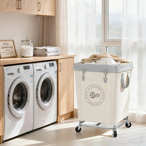 Heavy Duty Steel Frame Laundry Hamper Cart With Smooth Roll Along Wheels And Secure Pop Lid, Dang Sturdy Canvas Clothes Basket With Heaps Of Room For Big Families Or Hotels Solid Beige