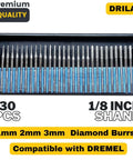 Drilax 30-piece diamond burr drill bit set in case with blue separators; 1mm–3mm, 1/8in shank (front view).