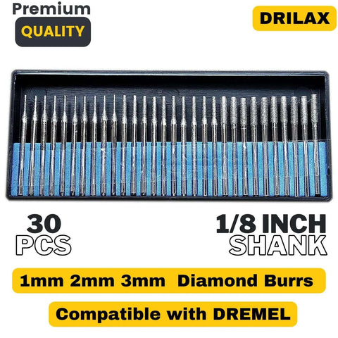 Drilax 30-piece diamond burr drill bit set in case with blue separators; 1mm–3mm, 1/8in shank (front view).