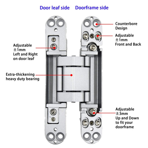 Hidden Door Hinges 6 Inch Concealed Zinc Alloy Butt Hinge With 180 Degree Swing And 3 Way Adjustable Design Pack Of 2 Silver Finish