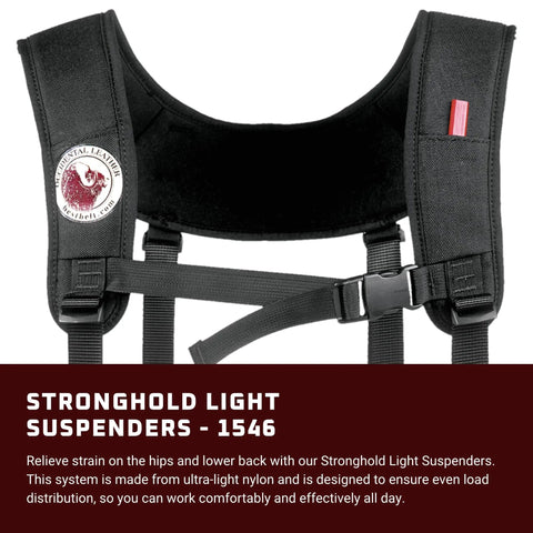 Stronghold Light Suspenders for industrial use, ultra lightweight nylon with built-in pockets, close-up showing heavy-duty spring clips