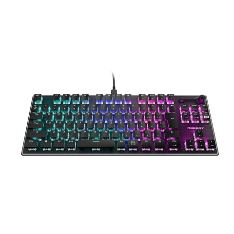 Top Tier Tenkeyless Mechanical Gaming Keyboard Featuring Silent Linear Switches And Dynamic Rgb Lighting Ultra Slim Profile viewed from above with illuminated keys.