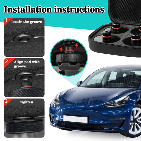 Tesla jack pad set: 4 black rubber lifting pucks with red rings for Model 3/Y/X/S (2016–2025) to protect lift points