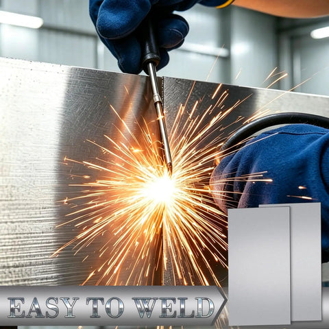 Five Pack 20 Gauge Cold Rolled Sheet Metal Plates In 12 By 6 By 0.045 Inch Size used in welding with sparks and blue gloves