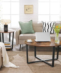 Round Side End Table Featuring Two Tier Storage Shelf No Sweat Assembly Nightstand For Cramped Rooms Super Sleek Bedside Accent Table In Rustic Brown And Ink Black For Living Space Or Bedroom Decor Total Haul, styled in a cozy living room.