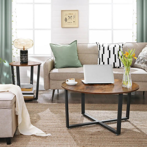 Round Side End Table Featuring Two Tier Storage Shelf No Sweat Assembly Nightstand For Cramped Rooms Super Sleek Bedside Accent Table In Rustic Brown And Ink Black For Living Space Or Bedroom Decor Total Haul, styled in a cozy living room.