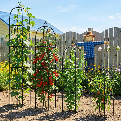 Heavy Duty Metal Climbing Plant Trellis Outdoor Freestanding Six Point Three Foot Tall Upgrade 100 Percent Metal With Powder Coating Built Tough For Roses Flowers Grapes Peas Cucumbers Tomatoes Cage with plants in a garden