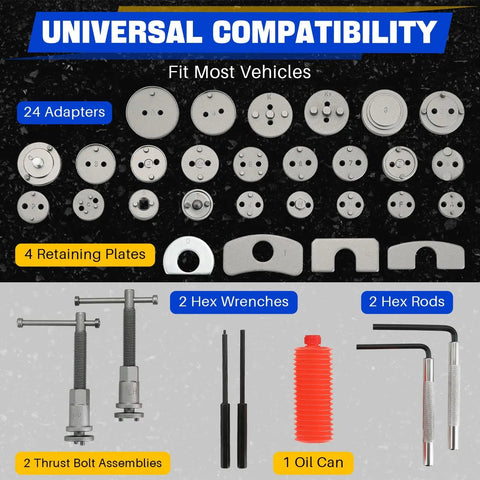 24 adapters, retaining plates, thrust bolts for 35 Piece Disc Brake Caliper Tool Kit With Heavy Duty Piston Caliper Compressor.