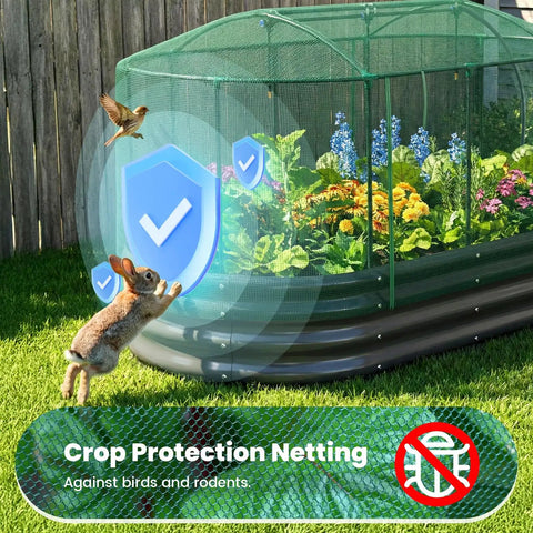Self Watering Galvanized Raised Garden Bed Kit For Veggies Herbs And Flowers With Mesh Cover In A Large Oval Metal Outdoor Planter Box Six Foot By Three Foot By One Foot with rabbit and bird deterrent features.