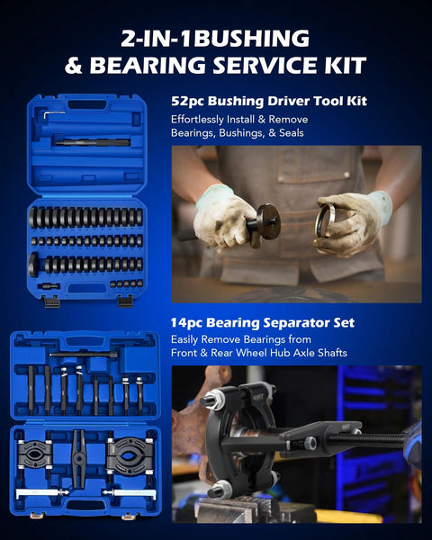 2 In 1 Bushing Driver And Bearing Press Kit with 2 Inch and 3 Inch Jaws 5 Ton Capacity, featuring 52pc bushing tool kit and 14pc separator set