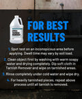 Pro Grade Tarnish Remover 1 Gallon bottle with usage instructions for metal restoration in industrial setting