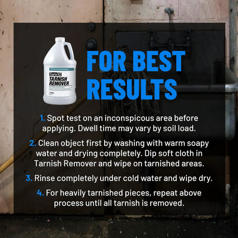 Pro Grade Tarnish Remover 1 Gallon bottle with usage instructions for metal restoration in industrial setting