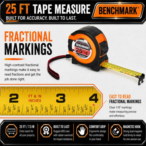 Three Pack 25 Foot Tape Measures With Easy Read Fractions To One Eighth Inch, Magnetic Tip, Quick Lock Tension, Auto Wind, Belt Clip