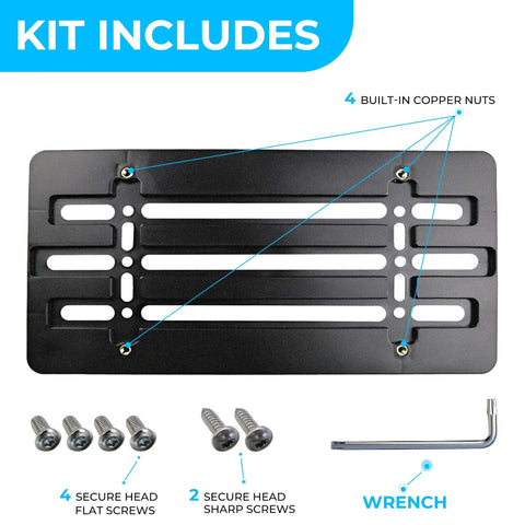 Dead Simple Front Bumper License Plate Bracket For Hyundai And Kia 2000 Through 2026 with screws and wrench kit.
