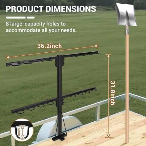 Upgraded Utility Trailer Tool Rack With Eight Tool Holes, Heavy Duty Trailer Accessories showing dimensions and shovel holder