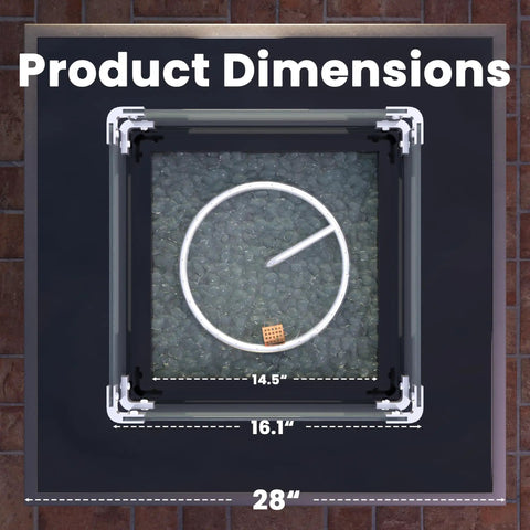 Top view of Outdoor Gas Fire Pit Table With 28 Inch Rattan Square Design Glass Wind Guard Tempered Glass Top Lid CSA Listed 50000 BTU Brown