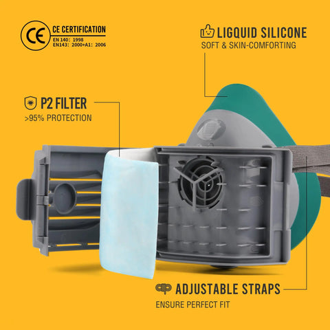 Reusable Half Face Respirator Mask With 2818 Silicone Dust Mask side view showing P2 filter and adjustable straps
