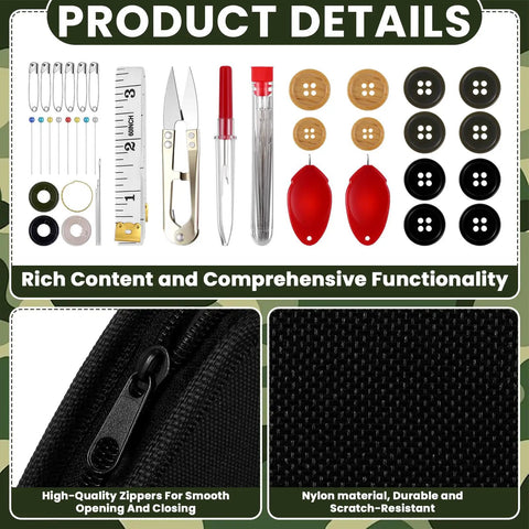 Tactical Survival Sewing Kit with buttons, tools, nylon case, compact and portable, for travel, field, emergency use