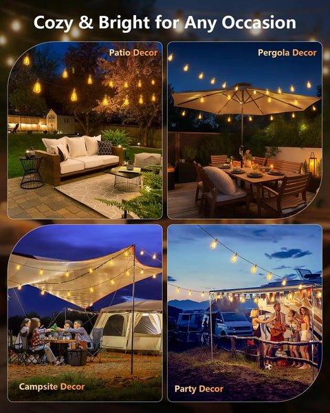 100 Feet Solar String Lights For Outdoor Use Waterproof With Remote Dimmable And Timable Three Lighting Modes 31 And 2 Shatterproof LEDs illuminating patio, pergola, campsite, and party settings with warm light.