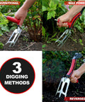 Dual Grip Garden Hand Fork Cultivator And Weeder with three digging methods showing ergonomic handles for easy yard work