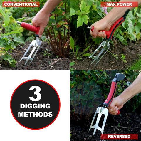 Dual Grip Garden Hand Fork Cultivator And Weeder with three digging methods showing ergonomic handles for easy yard work
