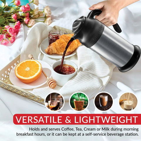 Insulated Stainless Steel Coffee Carafe Thermos 24 Oz Twin Pack With Milk Server pouring coffee on breakfast tray