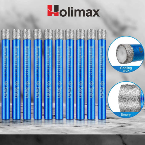 Diamond drill bit set, 10 pcs, 1/4in (6mm) shank, blue-coated, for granite marble porcelain tile glass