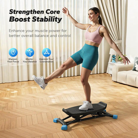 Durable Balance Board With Pro Strength Resistance Bands Home Cardio Stepper Trains Glutes And Thighs Burns Calories Fast, woman exercising on stepper.