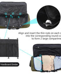 Expandable To 140L Duffle Bag With 2 Beefy Wheels, showing open dual compartments with divider assembly method.